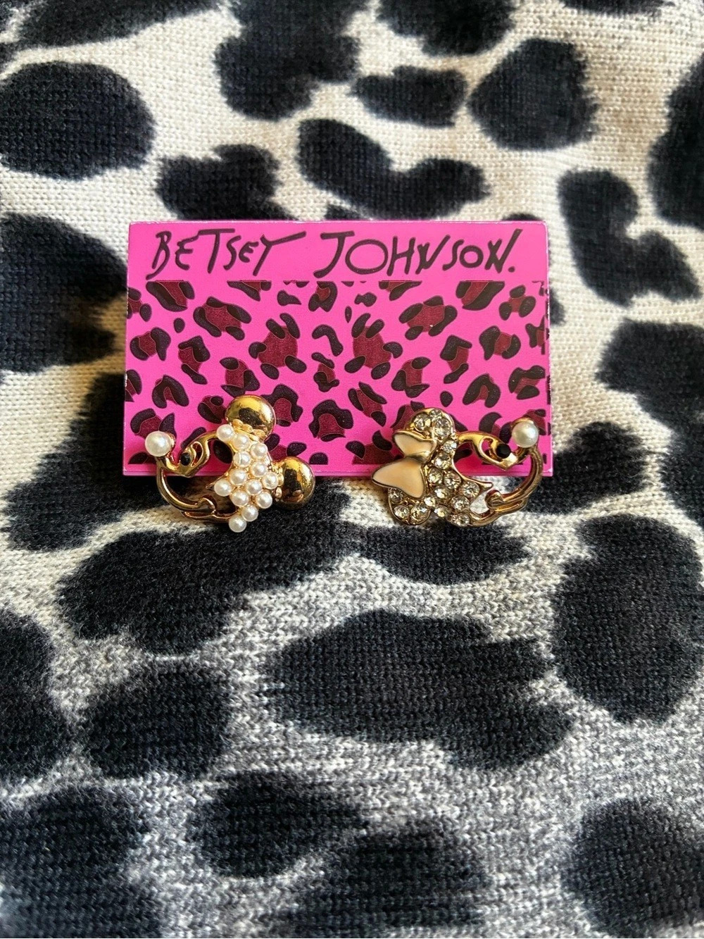 Betsey Johnson Rhinestone Animal Print Earrings in Gold & White NWT
